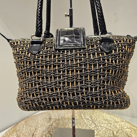 BRIGHTON WOVEN STRAW SATCHEL SHOULDER BAG, BLACK AND TAN - Picture 4 of 16